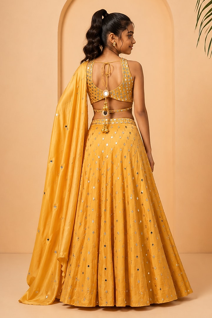 Golden Modal Satin Mirror Embellished Lehenga Set For Girls by Quench A Thirst Kids at Pernia's Pop Up Shop