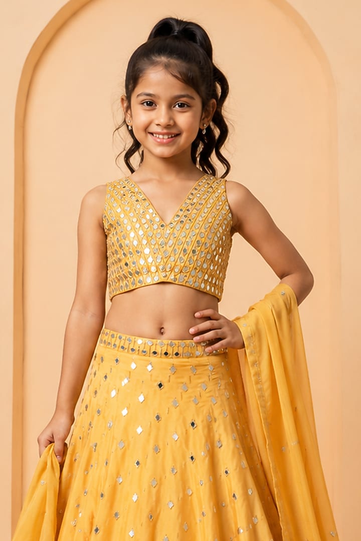 Golden Modal Satin Mirror Embellished Lehenga Set For Girls by Quench A Thirst Kids at Pernia's Pop Up Shop