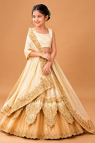 Golden Ombre Modal Satin Zari Thread Embellished Lehenga Set For Girls by Quench A Thirst Kids