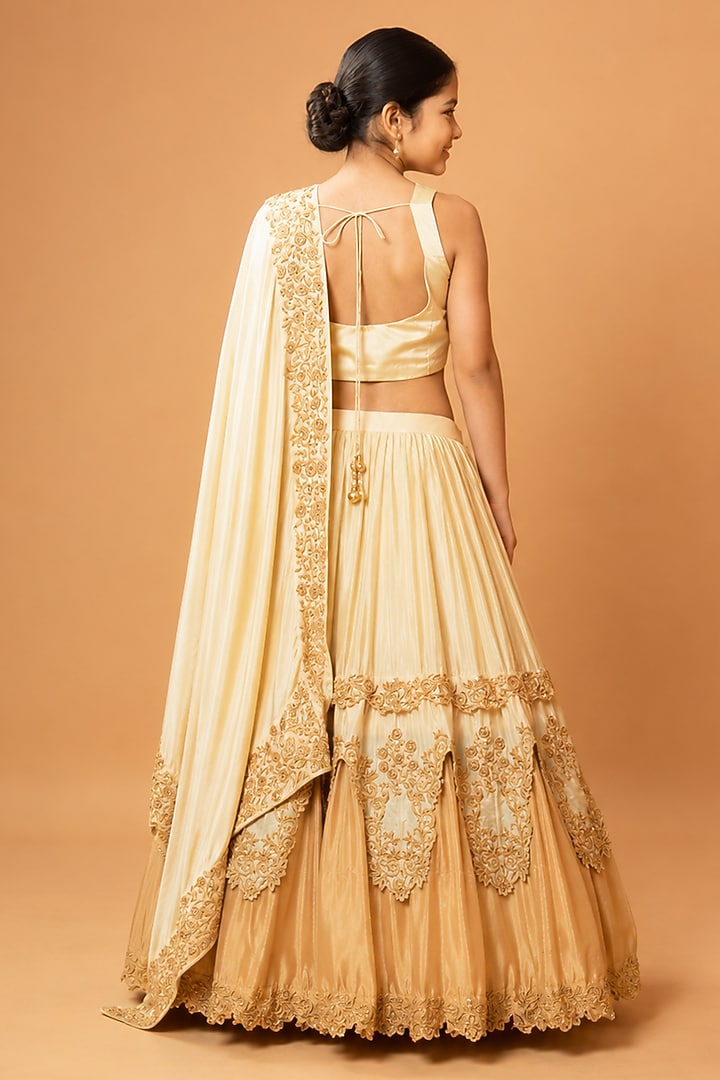 Golden Ombre Modal Satin Zari Thread Embellished Lehenga Set For Girls by Quench A Thirst Kids at Pernia's Pop Up Shop
