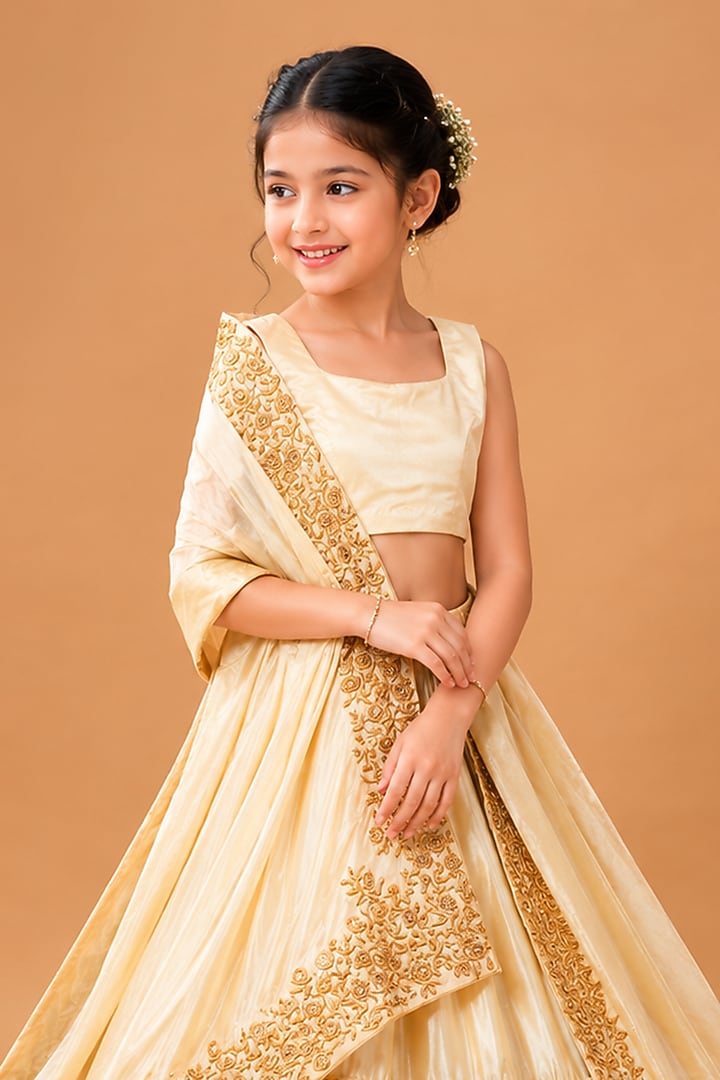Golden Ombre Modal Satin Zari Thread Embellished Lehenga Set For Girls by Quench A Thirst Kids at Pernia's Pop Up Shop