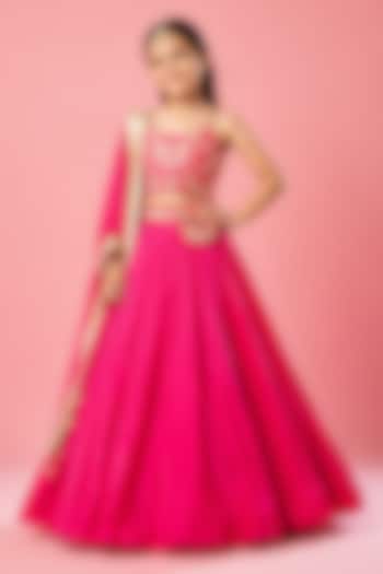 Hot Pink Modal Satin Hand Embroidered Lehenga Set For Girls by Quench A Thirst Kids at Pernia's Pop Up Shop