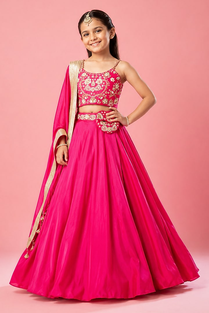 Hot Pink Modal Satin Hand Embroidered Lehenga Set For Girls by Quench A Thirst Kids at Pernia's Pop Up Shop