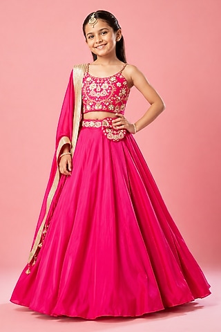 Hot Pink Modal Satin Hand Embroidered Lehenga Set For Girls by Quench A Thirst Kids