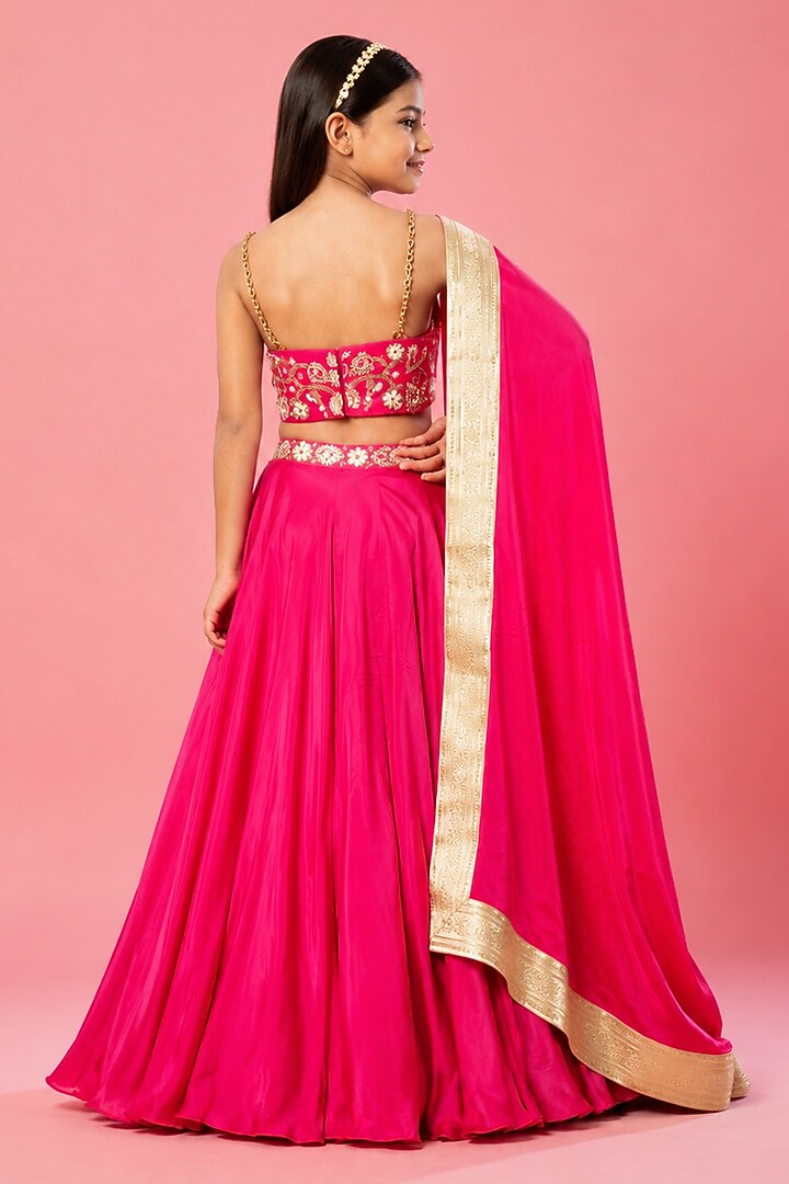 Hot Pink Modal Satin Hand Embroidered Lehenga Set For Girls by Quench A Thirst Kids at Pernia's Pop Up Shop