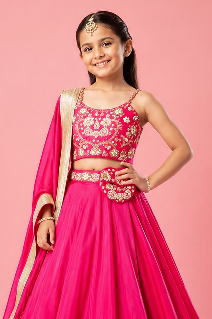 Hot Pink Modal Satin Hand Embroidered Lehenga Set For Girls by Quench A Thirst Kids at Pernia's Pop Up Shop