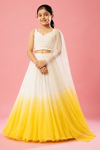 Yellow Ombre & Ivory Pure Georgette Lehenga Set For Girls by Quench A Thirst Kids
