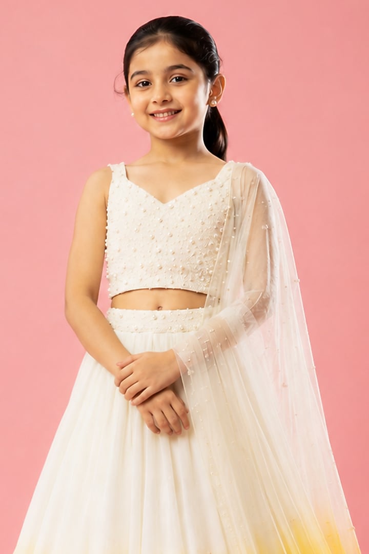 Yellow Ombre & Ivory Pure Georgette Lehenga Set For Girls by Quench A Thirst Kids at Pernia's Pop Up Shop