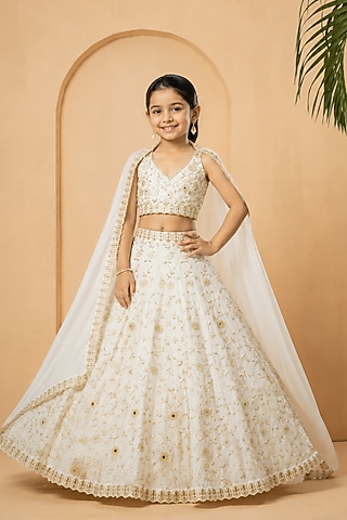 Ivory Modal Satin Mirror Embellished Lehenga Set For Girls by Quench A Thirst Kids