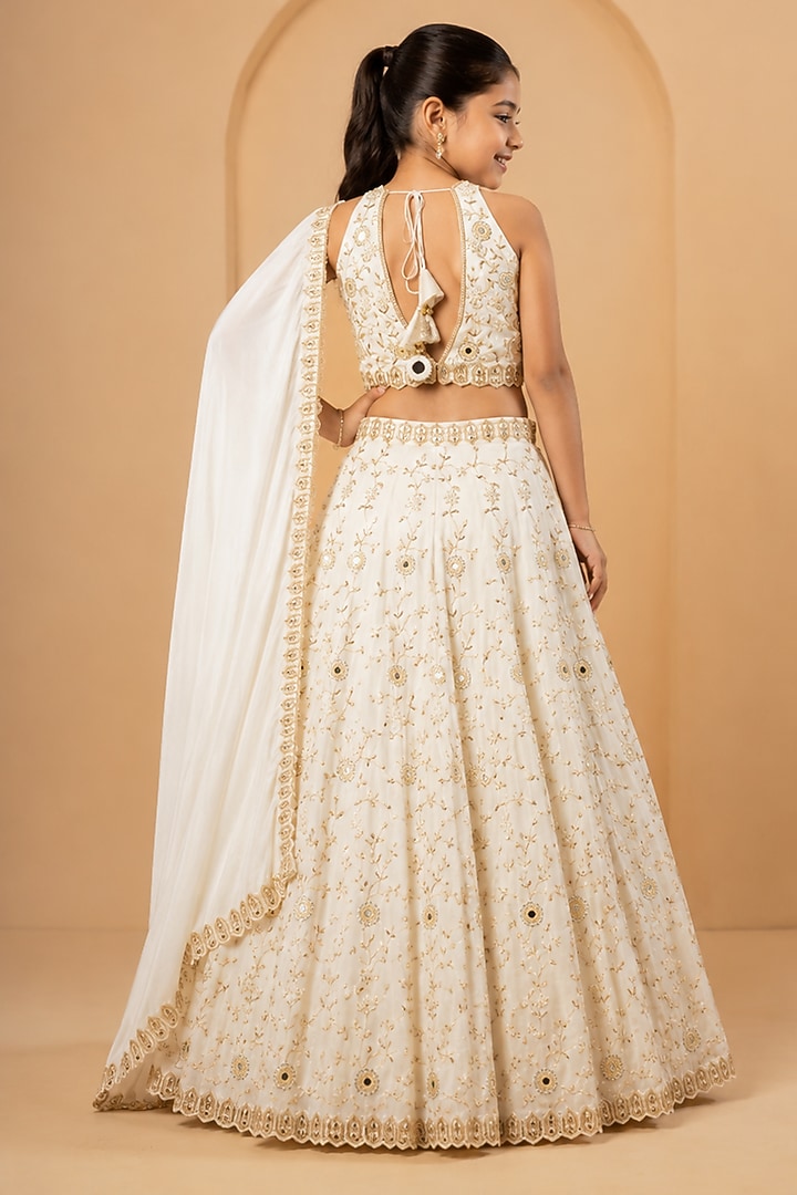 Ivory Modal Satin Mirror Embellished Lehenga Set For Girls by Quench A Thirst Kids at Pernia's Pop Up Shop