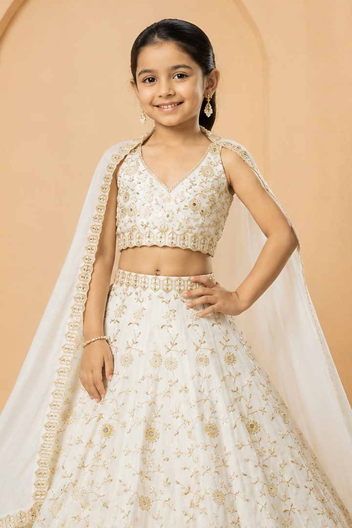 Ivory Modal Satin Mirror Embellished Lehenga Set For Girls by Quench A Thirst Kids at Pernia's Pop Up Shop