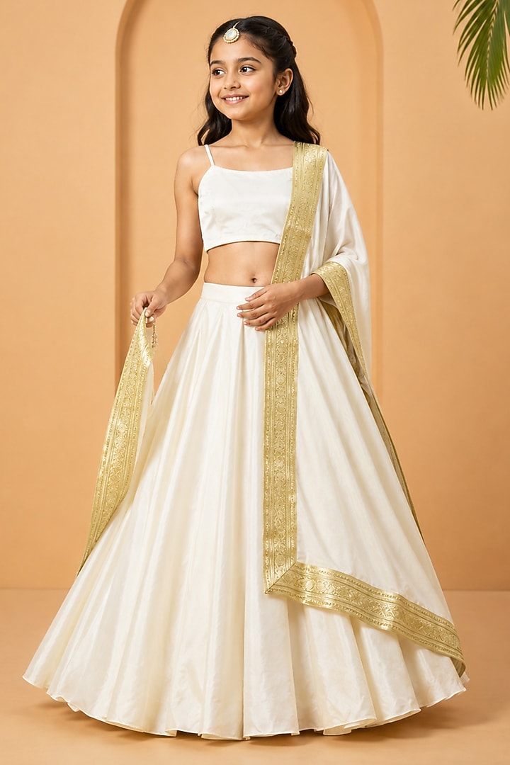 Ivory Modal Satin Lehenga Set For Girls by Quench A Thirst Kids at Pernia's Pop Up Shop
