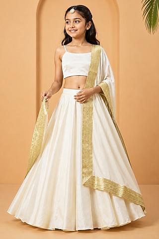 Ivory Modal Satin Lehenga Set For Girls by Quench A Thirst Kids