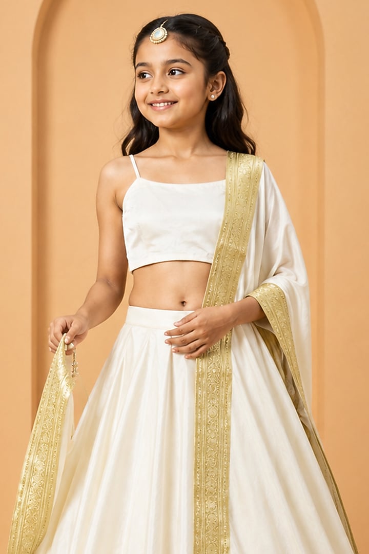 Ivory Modal Satin Lehenga Set For Girls by Quench A Thirst Kids at Pernia's Pop Up Shop