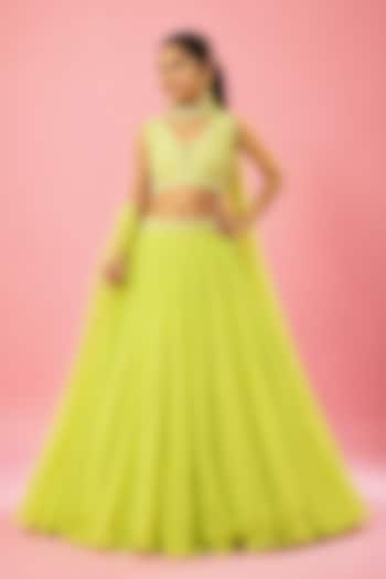 Lime Green Georgette Hand Embroidered Lehenga Set For Girls by Quench A Thirst Kids at Pernia's Pop Up Shop