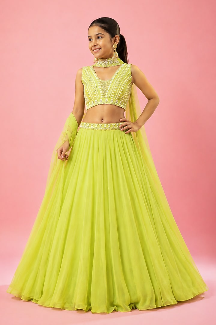 Lime Green Georgette Hand Embroidered Lehenga Set For Girls by Quench A Thirst Kids at Pernia's Pop Up Shop
