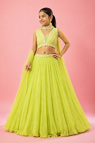 Lime Green Georgette Hand Embroidered Lehenga Set For Girls by Quench A Thirst Kids