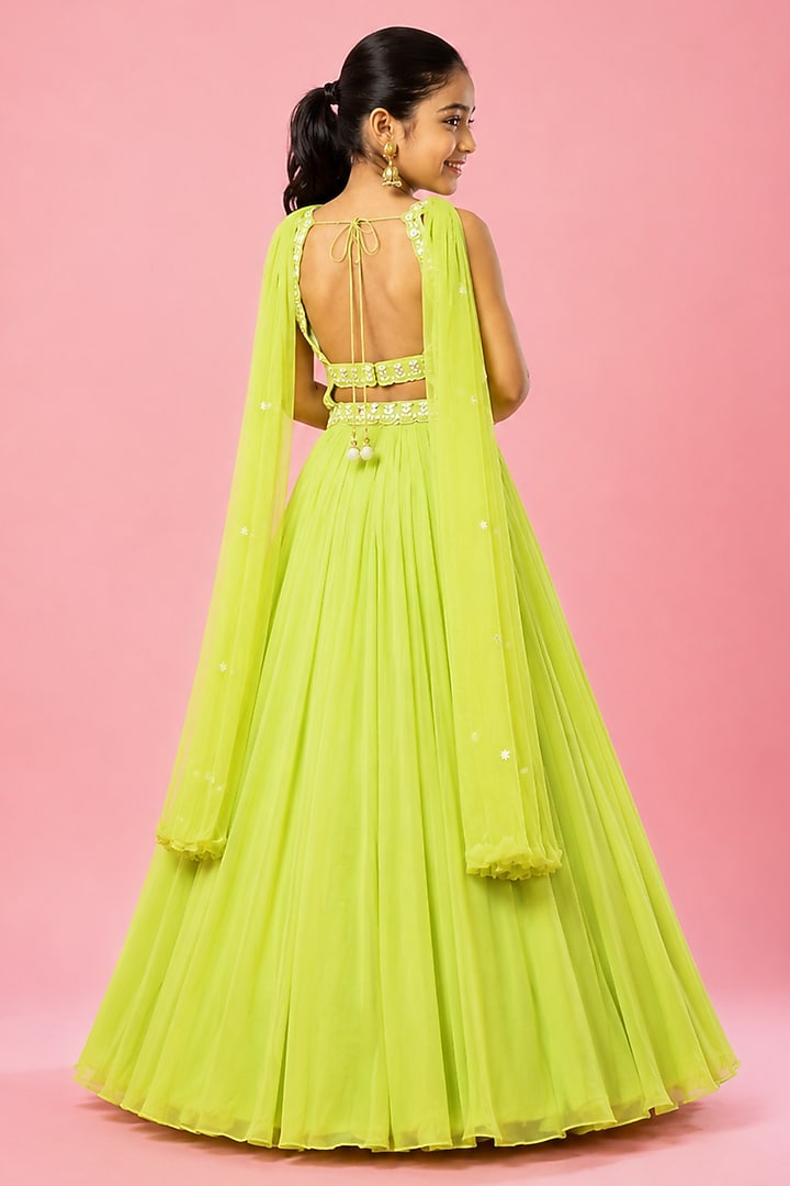Lime Green Georgette Hand Embroidered Lehenga Set For Girls by Quench A Thirst Kids at Pernia's Pop Up Shop