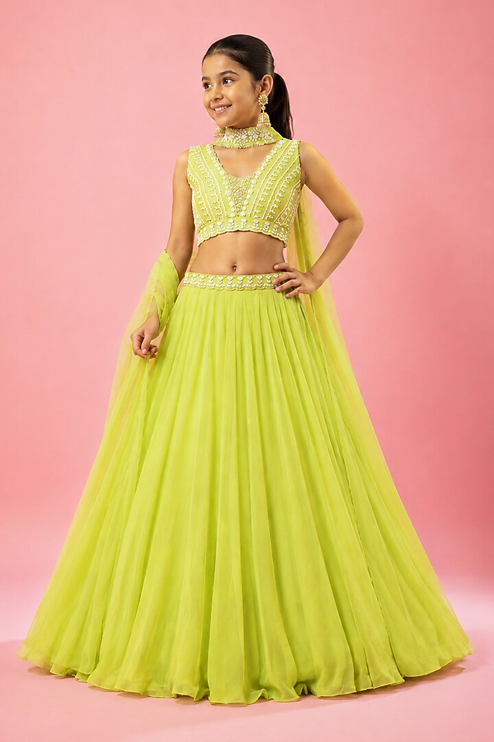 Lime Green Georgette Hand Embroidered Lehenga Set For Girls by Quench A Thirst Kids at Pernia's Pop Up Shop