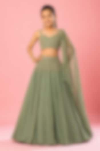 Sage Green Georgette Hand Embroidered Draped Lehenga Set For Girls by Quench A Thirst Kids at Pernia's Pop Up Shop