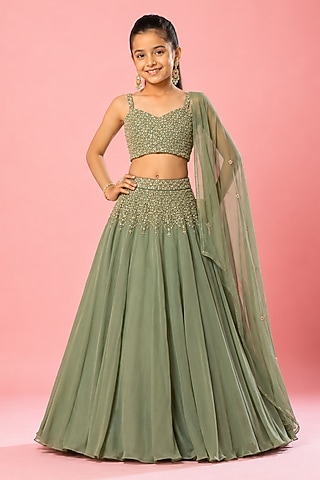 Sage Green Georgette Hand Embroidered Draped Lehenga Set For Girls by Quench A Thirst Kids