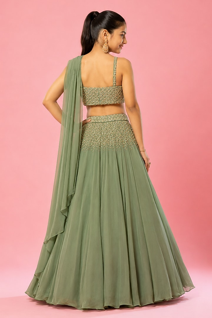 Sage Green Georgette Hand Embroidered Draped Lehenga Set For Girls by Quench A Thirst Kids at Pernia's Pop Up Shop