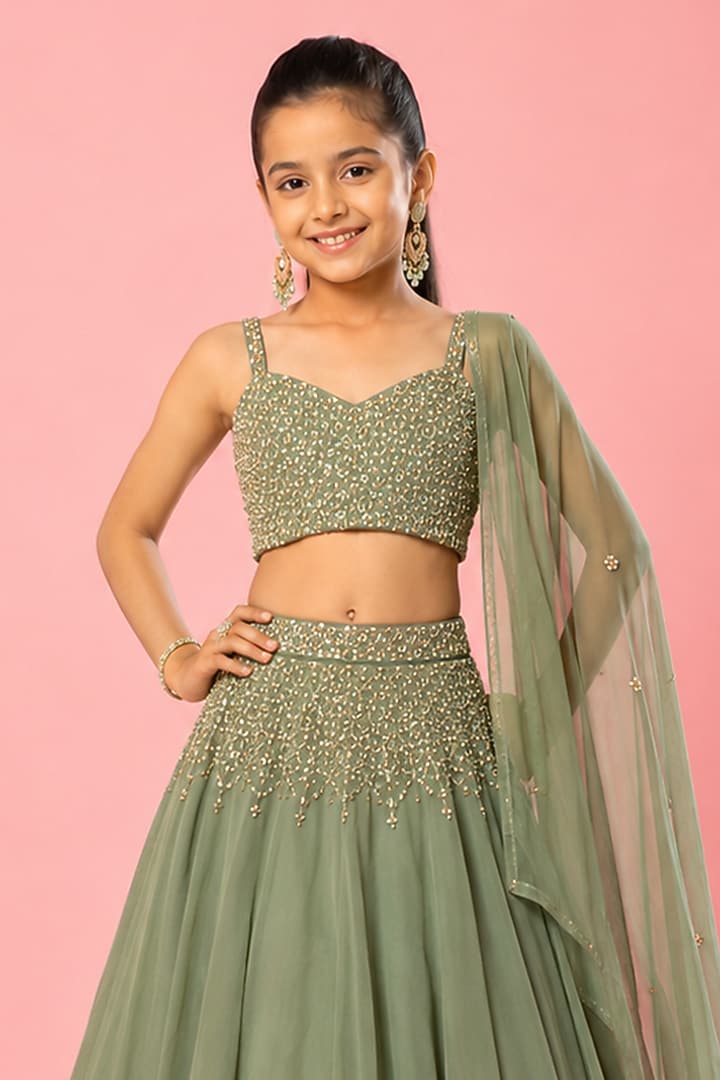 Sage Green Georgette Hand Embroidered Draped Lehenga Set For Girls by Quench A Thirst Kids at Pernia's Pop Up Shop