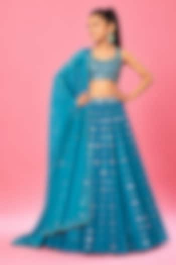 Turquoise Modal Satin Mirror Embellished Lehenga Set For Girls by Quench A Thirst Kids at Pernia's Pop Up Shop