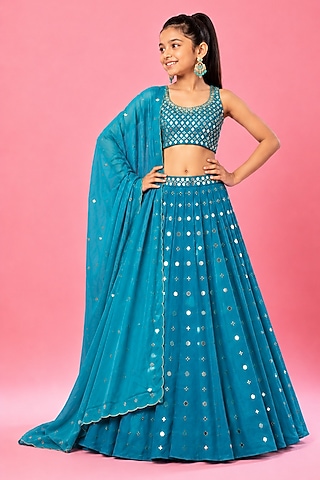 Turquoise Modal Satin Mirror Embellished Lehenga Set For Girls by Quench A Thirst Kids
