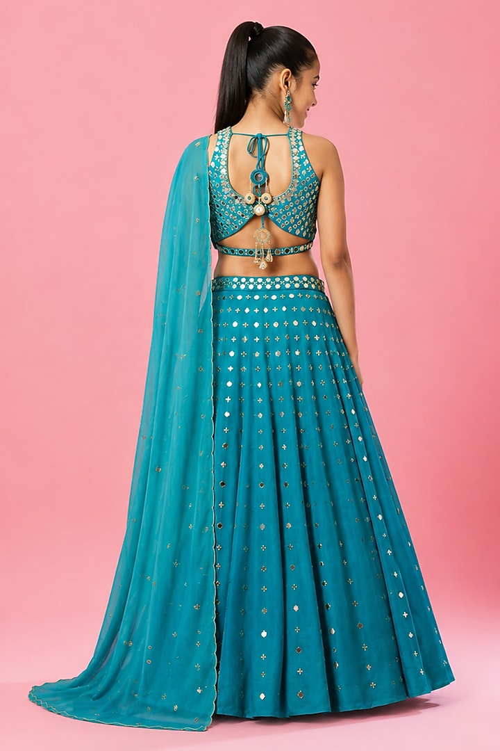 Turquoise Modal Satin Mirror Embellished Lehenga Set For Girls by Quench A Thirst Kids at Pernia's Pop Up Shop