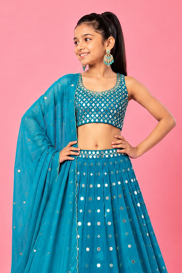 Turquoise Modal Satin Mirror Embellished Lehenga Set For Girls by Quench A Thirst Kids at Pernia's Pop Up Shop