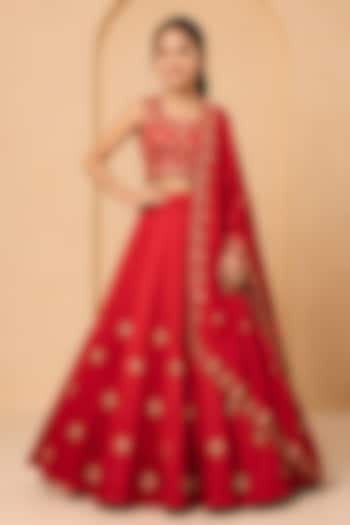 Red Modal Silk Hand Embellished Lehenga Set For Girls by Quench A Thirst Kids at Pernia's Pop Up Shop