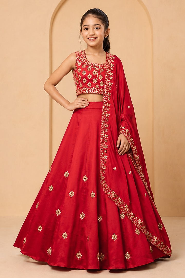 Red Modal Silk Hand Embellished Lehenga Set For Girls by Quench A Thirst Kids at Pernia's Pop Up Shop