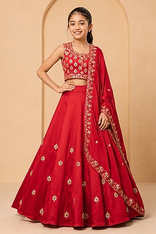 Red Modal Silk Hand Embellished Lehenga Set For Girls by Quench A Thirst Kids