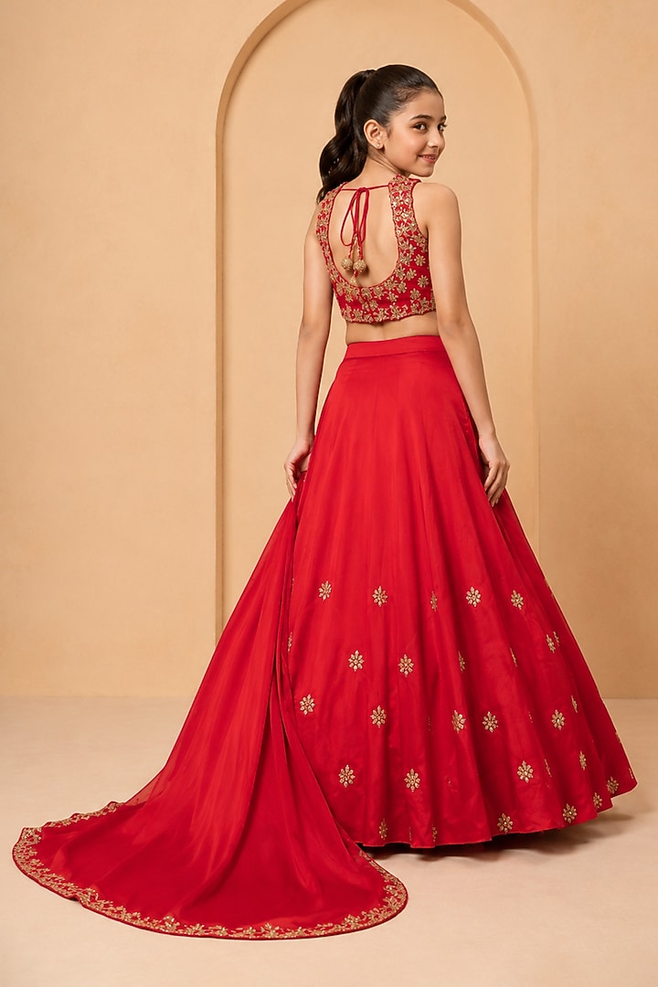 Red Modal Silk Hand Embellished Lehenga Set For Girls by Quench A Thirst Kids at Pernia's Pop Up Shop