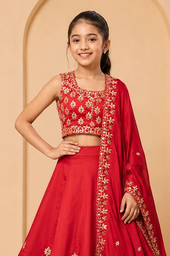 Red Modal Silk Hand Embellished Lehenga Set For Girls by Quench A Thirst Kids at Pernia's Pop Up Shop