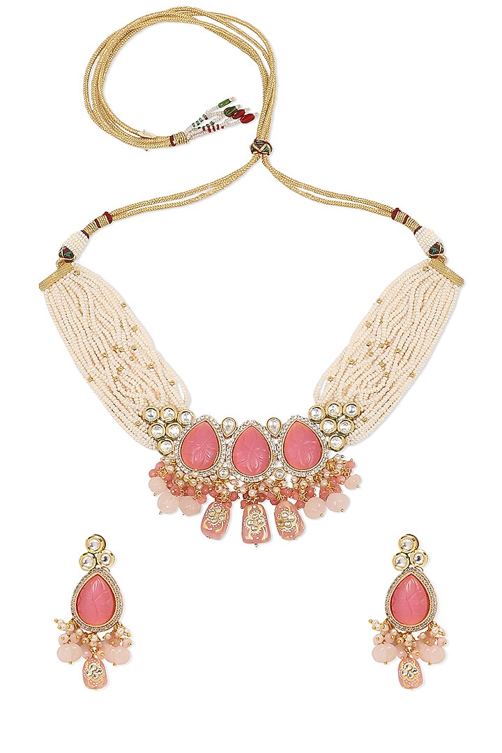 Gold Finish Cherry Pink Carved Tourmaline Stone Necklace Set by Queen Be at Pernia's Pop Up Shop