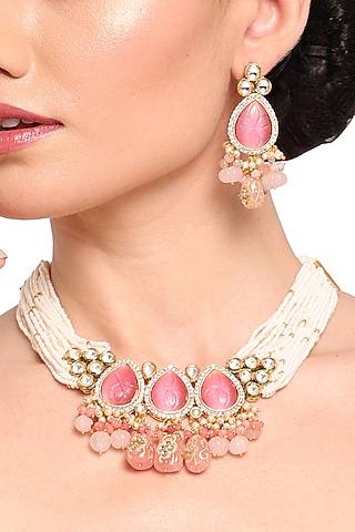 Gold Finish Cherry Pink Carved Tourmaline Stone Necklace Set by Queen Be