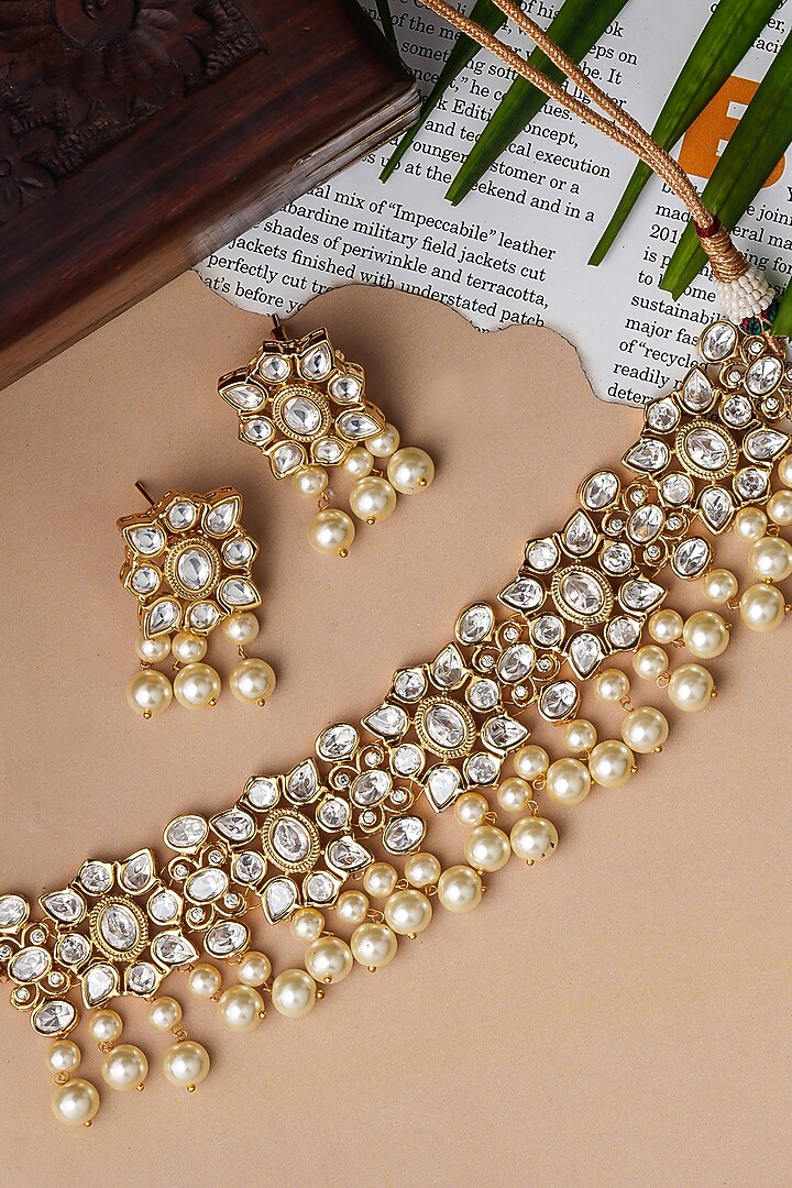 Gold Finish Pearl Choker Necklace Set by Queen Be at Pernia's Pop Up Shop