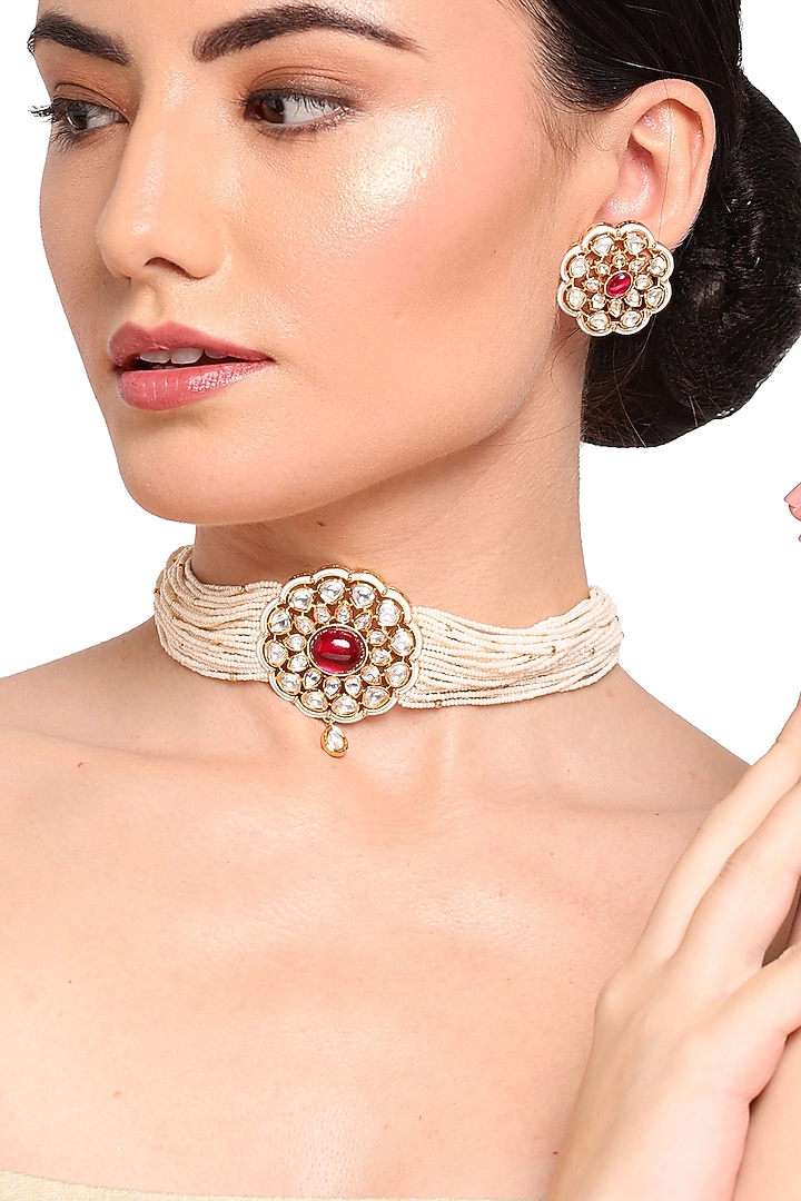 Gold Finish Red Stone Choker Necklace Set by Queen Be at Pernia's Pop Up Shop