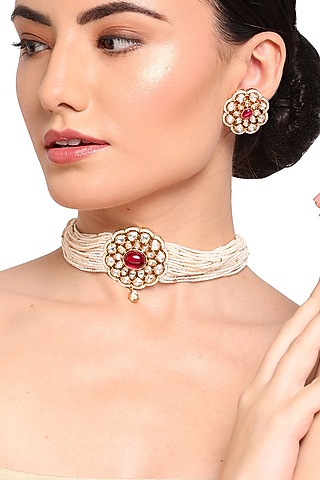 Gold Finish Red Stone Choker Necklace Set by Queen Be