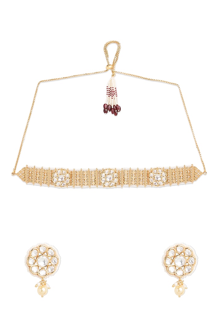 Gold Finish Kundan Polki Choker Necklace Set by Queen Be at Pernia's Pop Up Shop