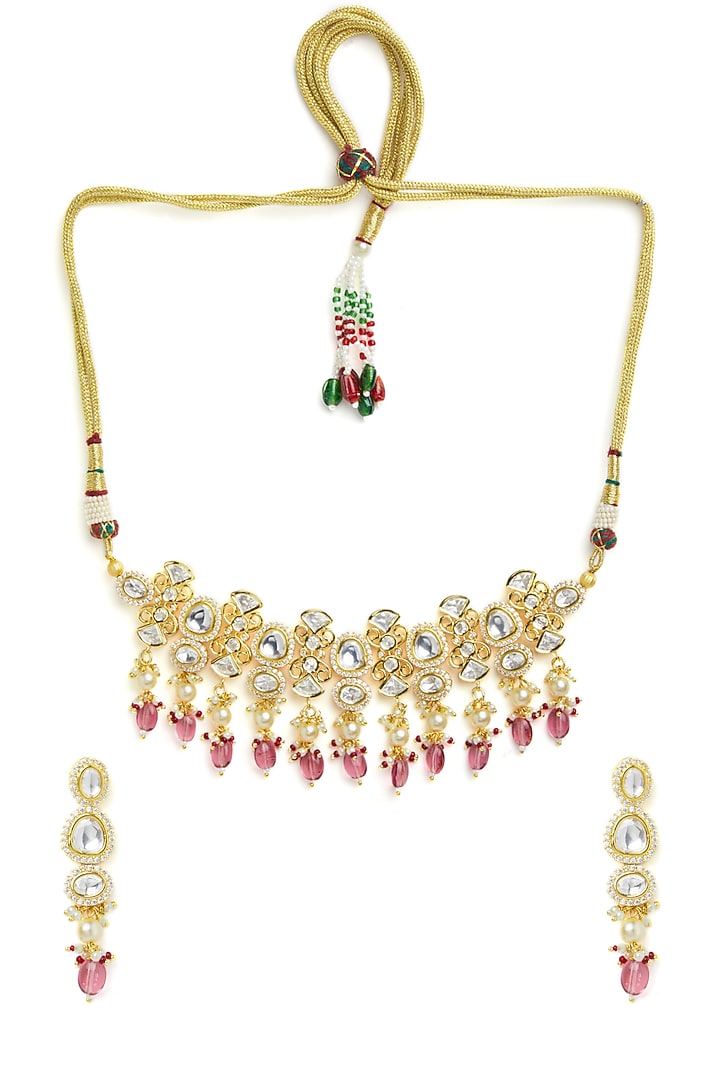 Gold Finish Carnation Pink Stone Necklace Set by Queen Be at Pernia's Pop Up Shop