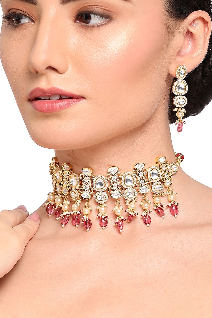 Gold Finish Carnation Pink Stone Necklace Set by Queen Be at Pernia's Pop Up Shop