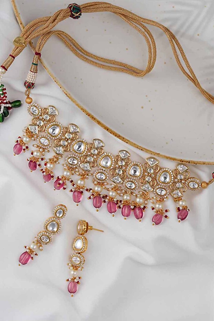 Gold Finish Carnation Pink Stone Necklace Set by Queen Be at Pernia's Pop Up Shop