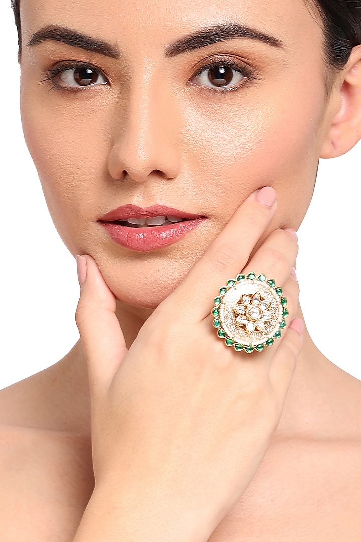Gold Finish Green Stone Meenakari Ring by Queen Be