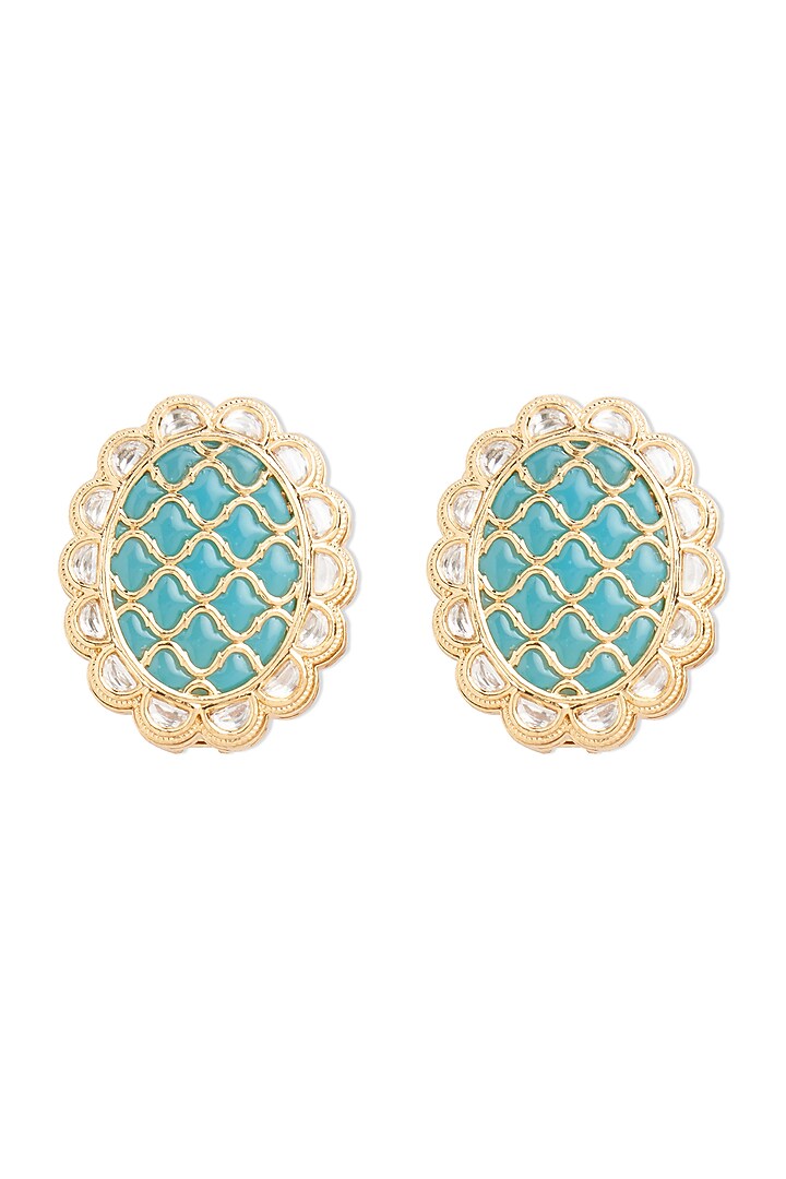 Gold Finish Turquoise Stone Stud Earrings Design by Queen Be at Pernia