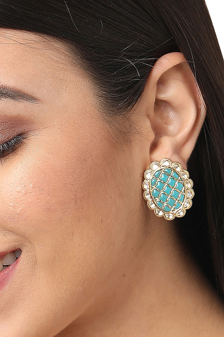 Gold Finish Turquoise Stone Stud Earrings by Queen Be