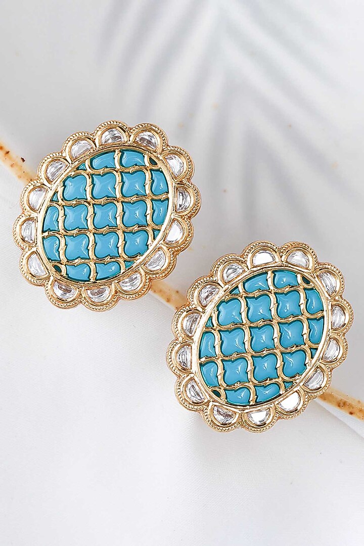 Gold Finish Turquoise Stone Stud Earrings by Queen Be at Pernia's Pop Up Shop
