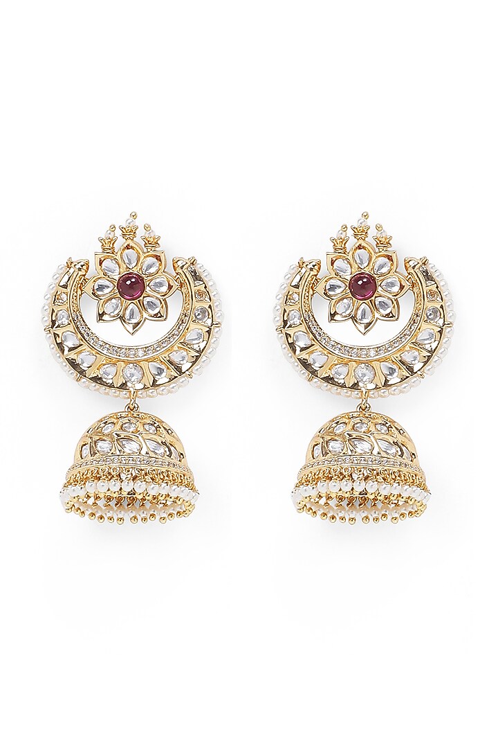 Gold Finish Kundan Polki Handcrafted Jhumka Earrings by Queen Be at Pernia's Pop Up Shop